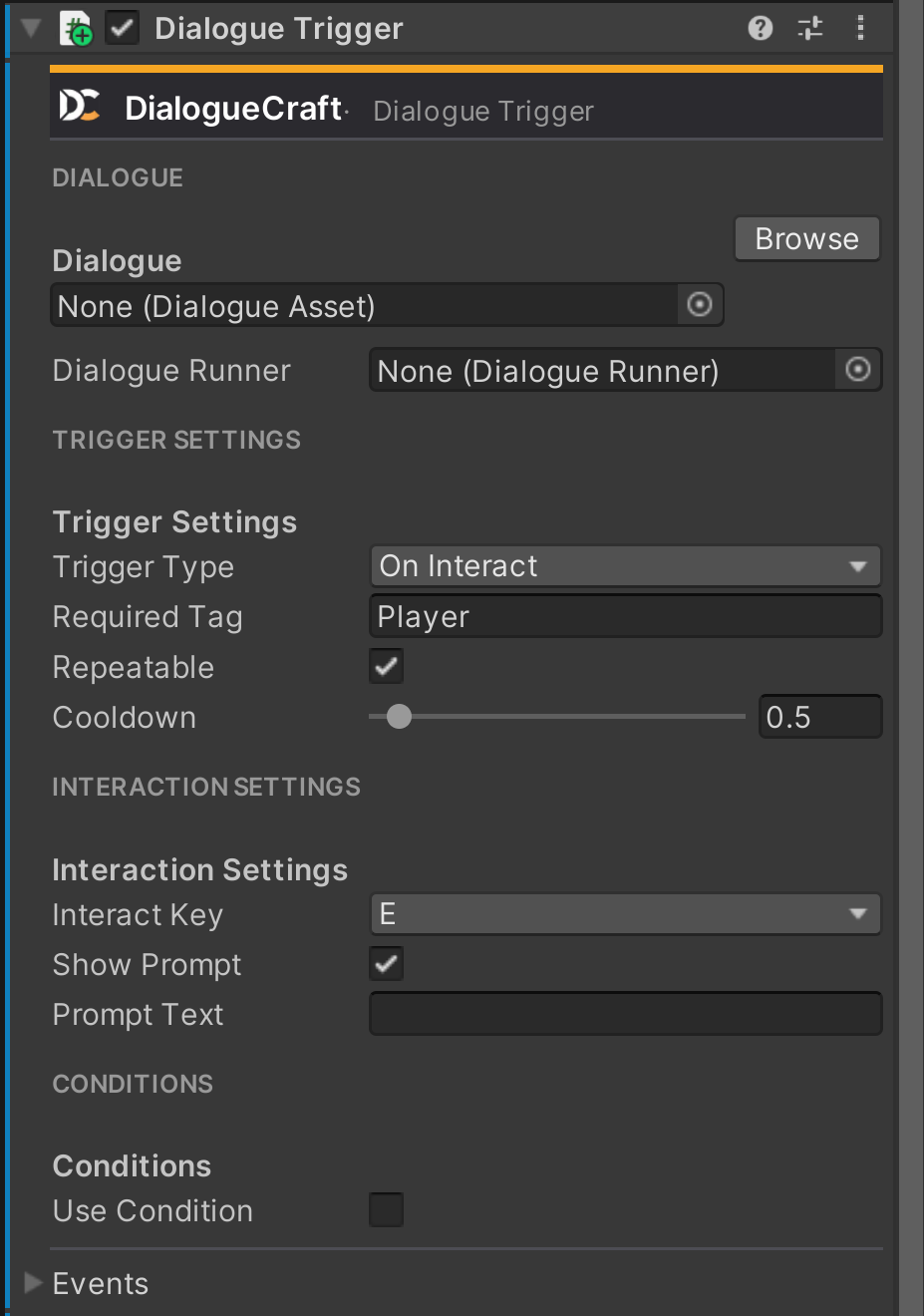 DialogueTrigger component in the Unity Inspector