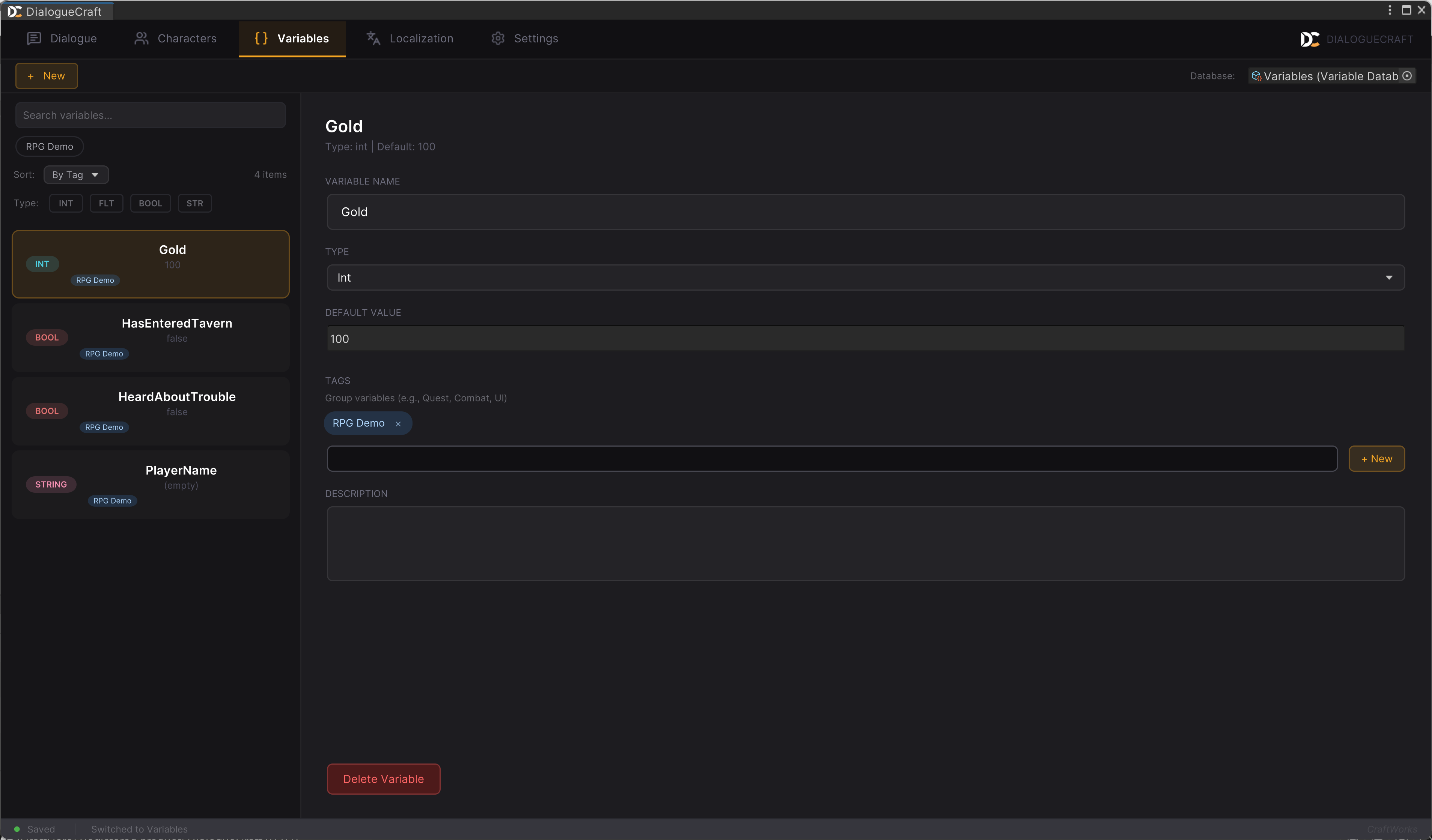 Variable Database with different types and scopes