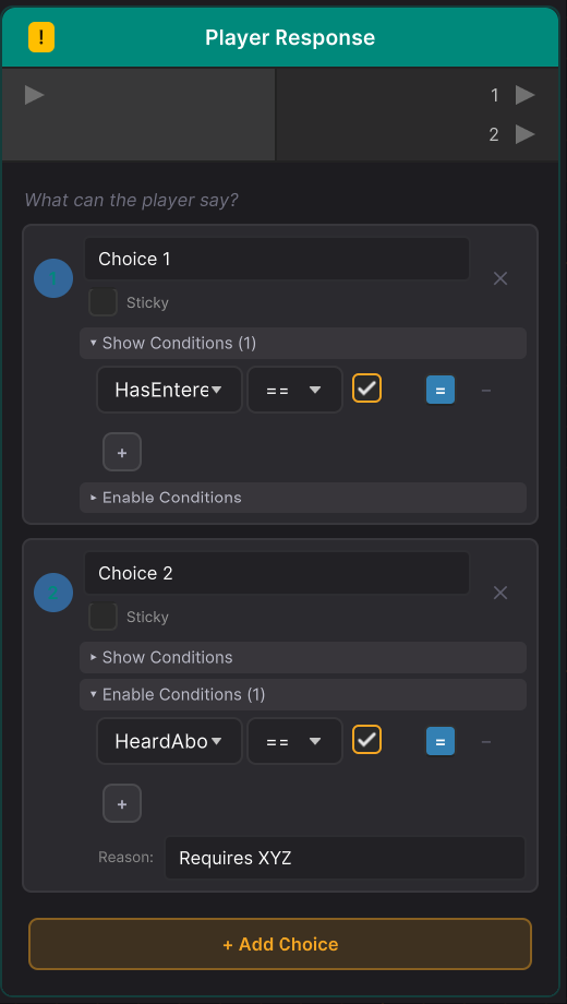 Choice node with show/enable conditions