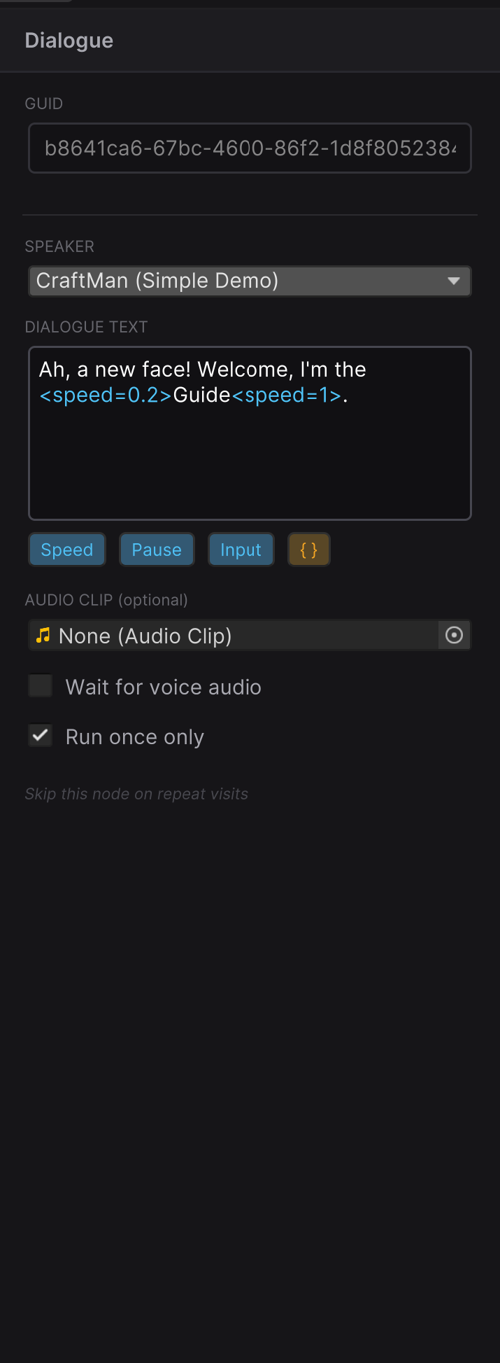 Inspector panel with a Text node selected