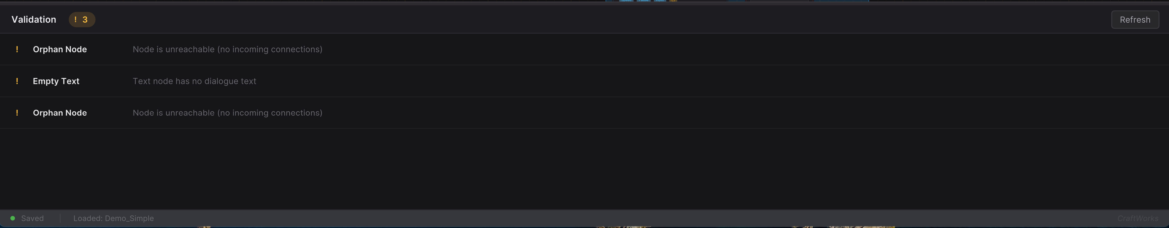 Validation panel with warnings and errors